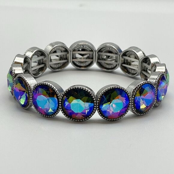 Silver Tone Blue AB Round Cut Glass Rhinestone Stretch Bracelet Boho Fashion - Picture 3 of 7